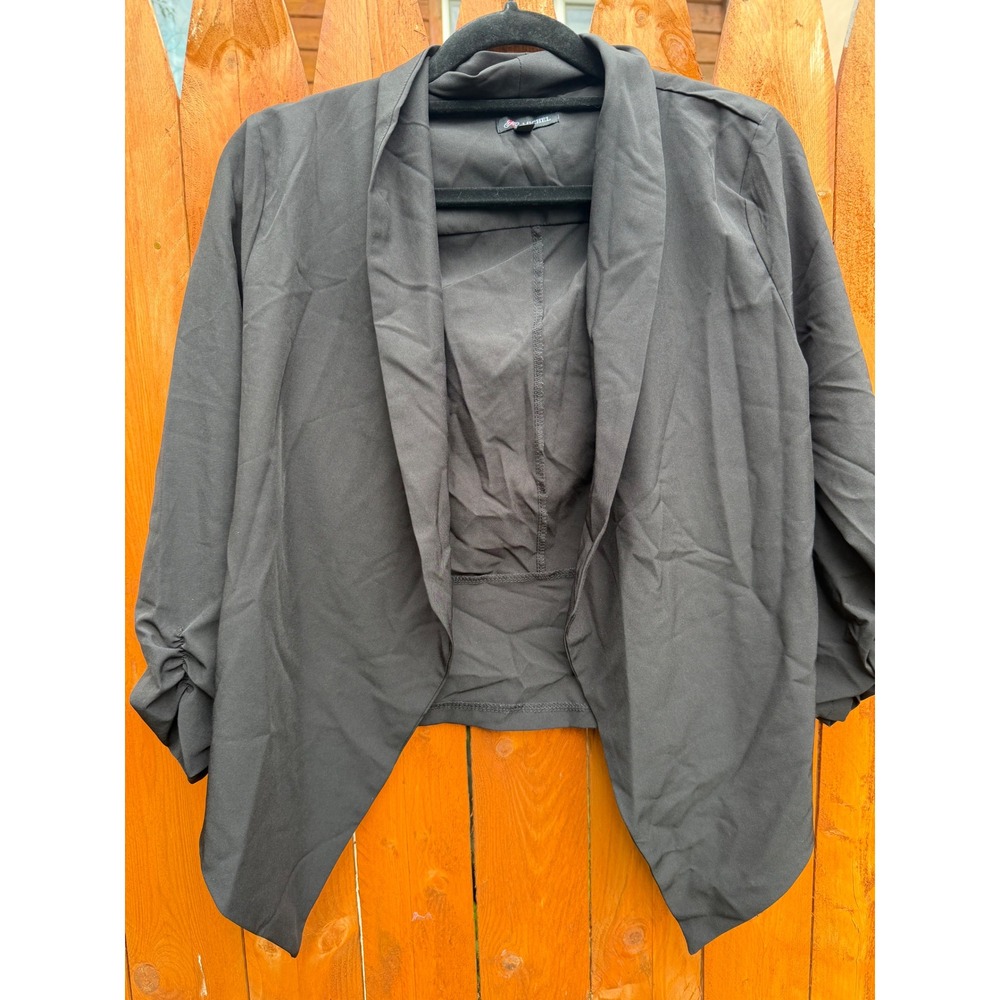 Michel Black Open Front Ruched Sleeve Blazer Draped Asymmetrical Jacket Small